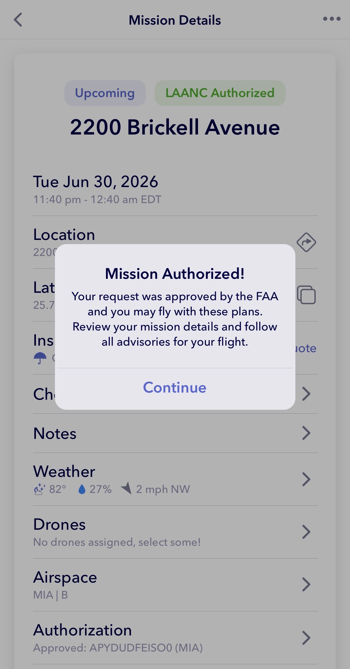 FAA LAANC authorized drone mission over 2200 Brickell Avenue, Miami